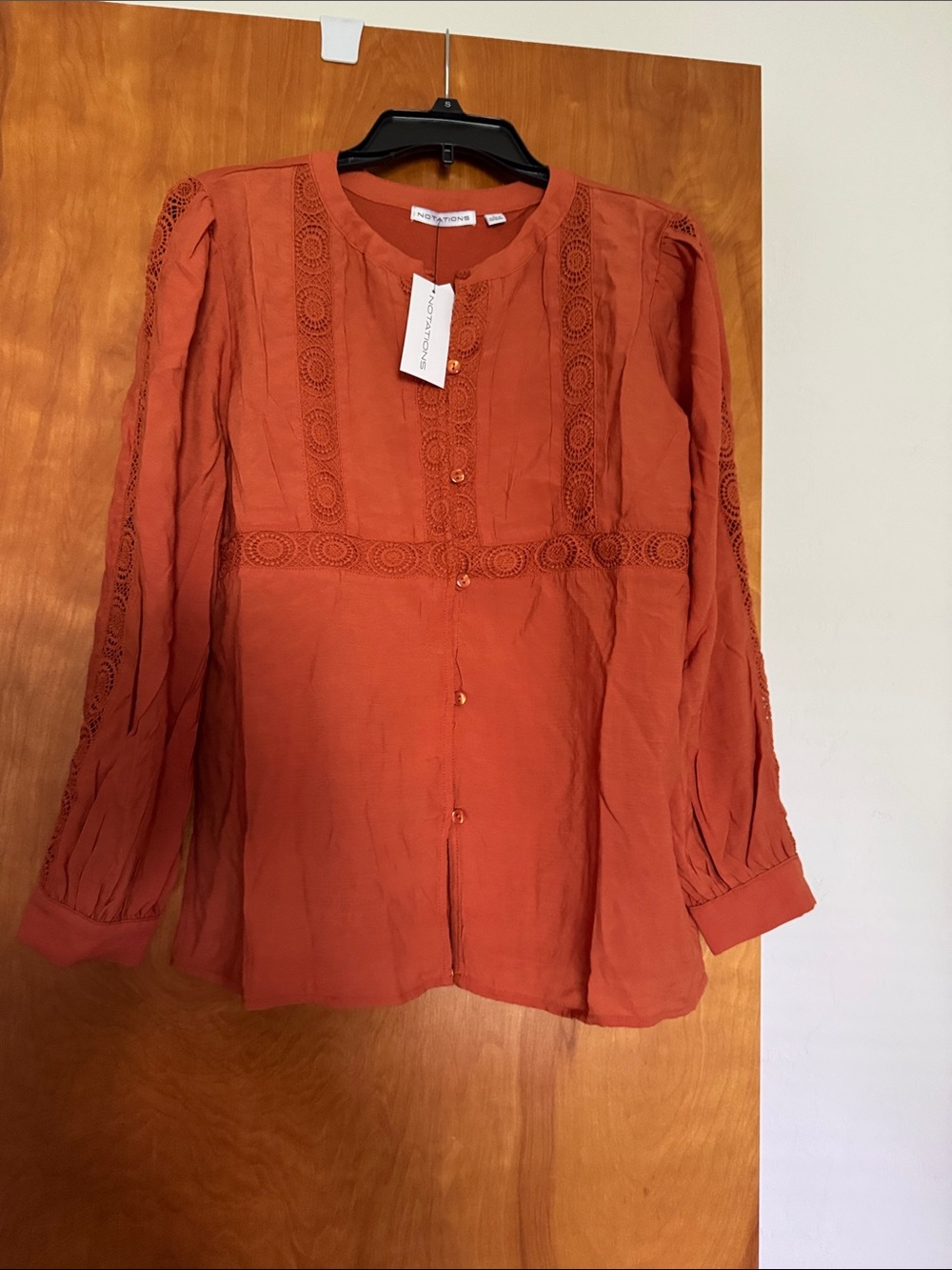 Notations Rust Orange Lace-Trim Button Front Blouse